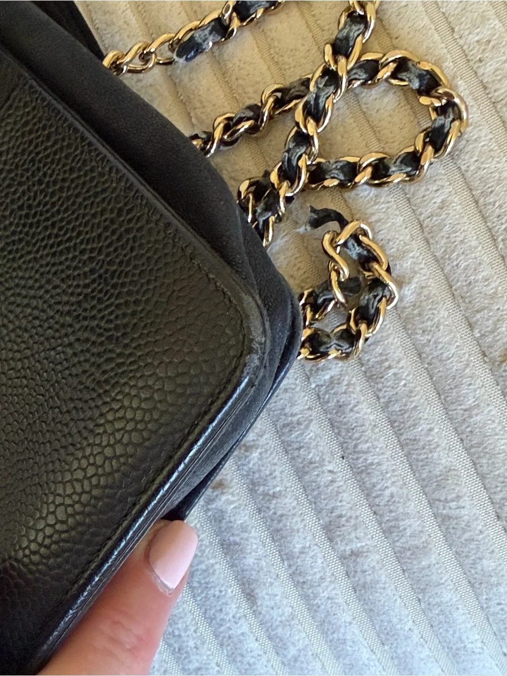 Vintage CHANEL caviar leather bag, suede dust bag, box and authenticity card 8x5